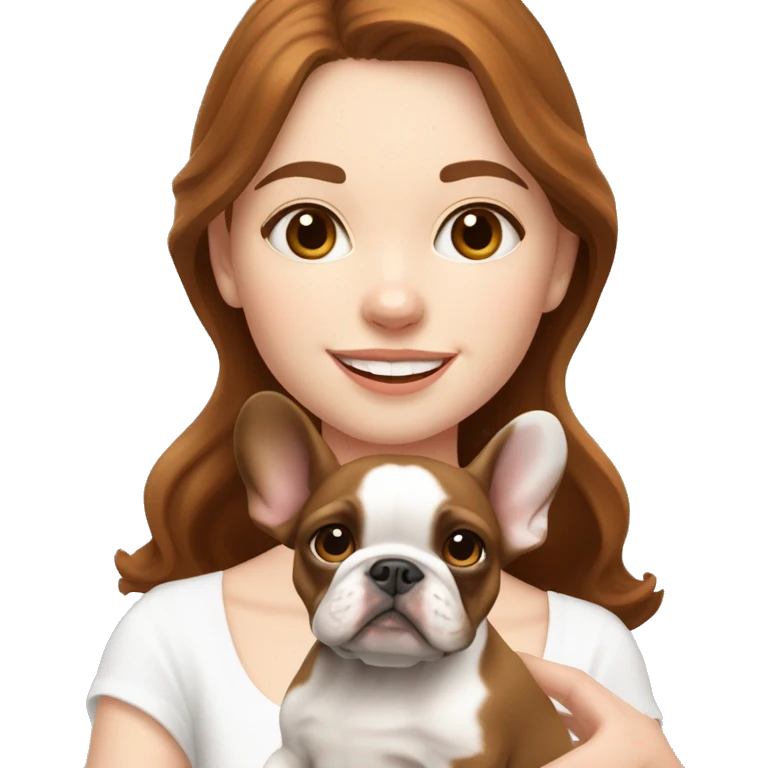 pale white skinned girl with medium chestnut wavy hair holding a brown and white french bulldog puppy  emoji