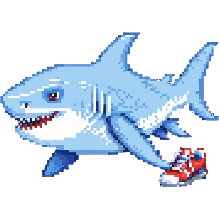 cartoon shark with sneakers in pixel art style emoji