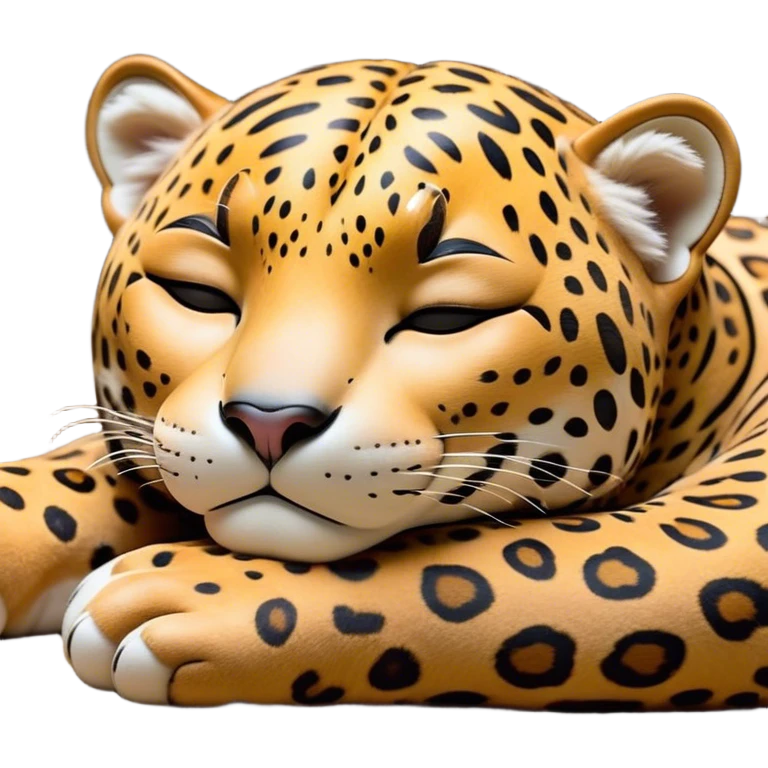 Meme-Worthy cute Sleeping Jaguar Portrait Emoji, Head resting peacefully with a contented smile, showcasing a luxuriously patterned Fur and eyes gently closed in serene slumber, Simplified yet hilariously adorable features, highly detailed, glowing with a soft, drowsy wild light, high shine, relaxed and utterly lovable, stylized with an air of playful laziness, bright and heartwarming, soft glowing outline, capturing the essence of a sleeping jaguar that feels destined to become the next viral sensation of adorable rest! emoji