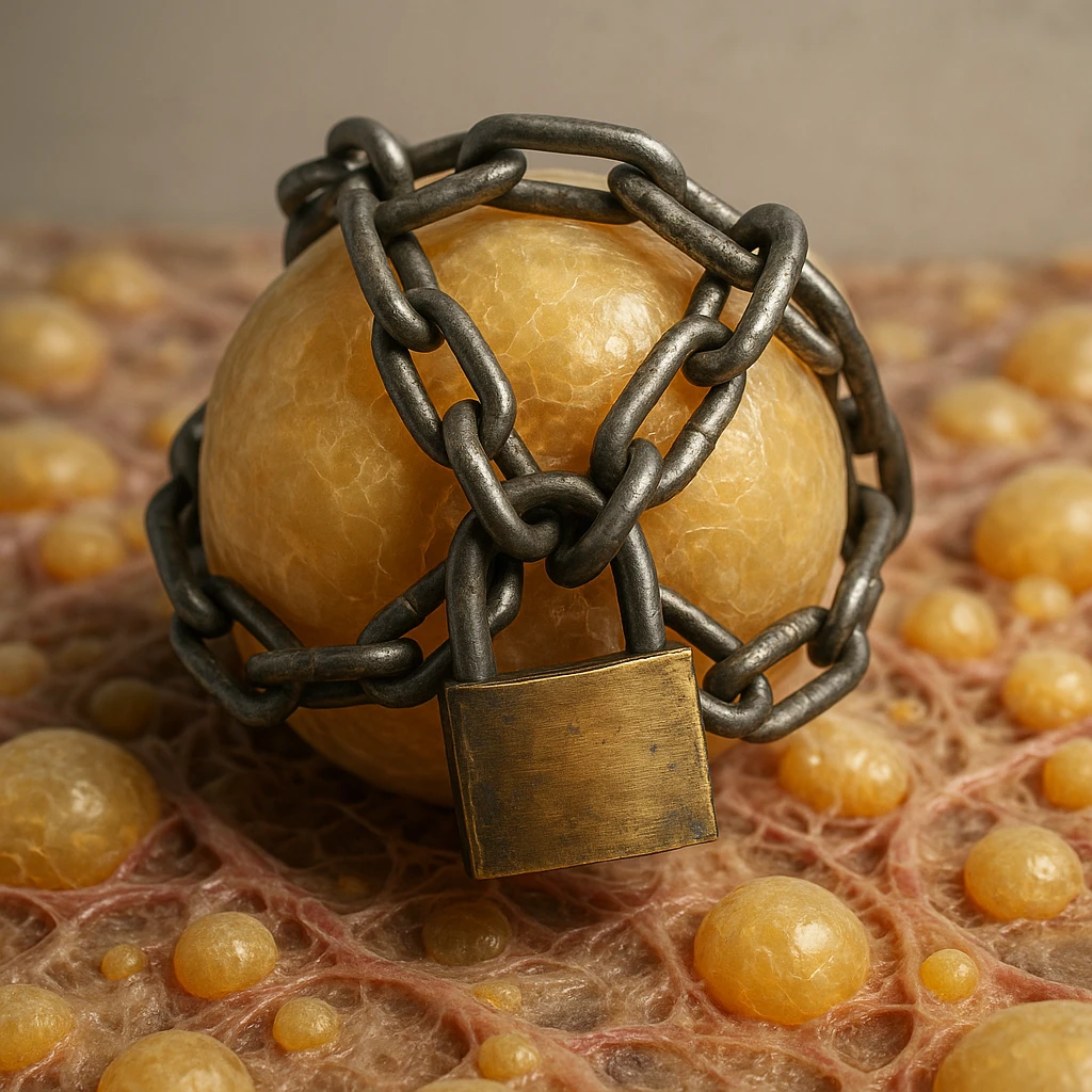 adipocyte in subcutaneous tissue locked by chains and padlock, hyper realistic 4K, cellular details, neutral background emoji