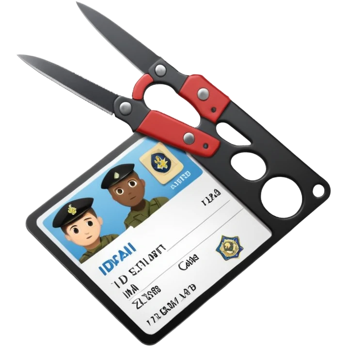 Floating black Scissors cutting in half an idf soldier ID card with a little chip in 2 parts emoji