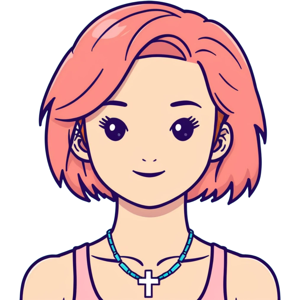 Auburn ginger haired girl with eyelashes wearing a cross necklace and a light coral pink tank top emoji