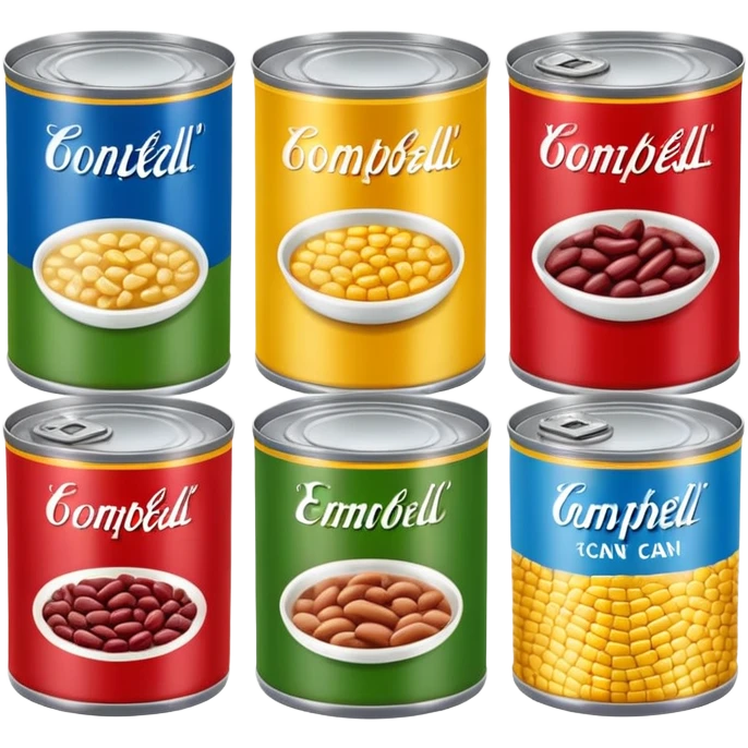 Four different canned food items in a row, soup can, beans can, corn can, tuna can emoji