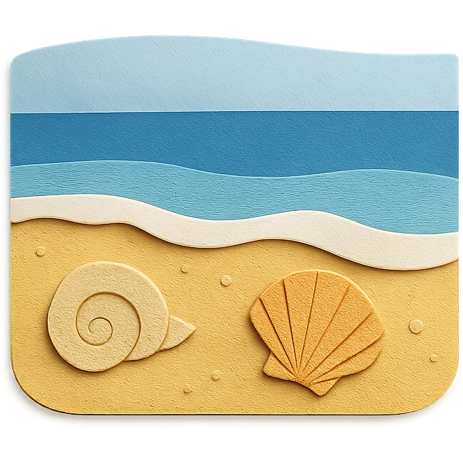 view of the ocean from the beach with sand, shells, and gentle waves in paper-craft style emoji