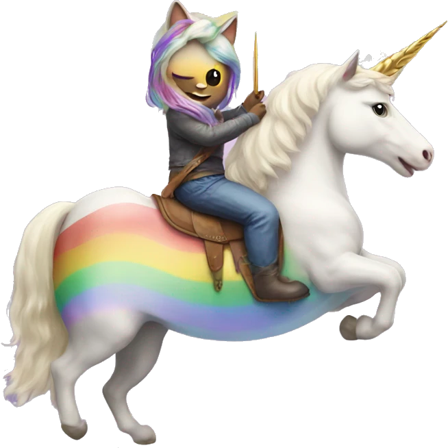 Cat riding a unicorn with rainbows emoji