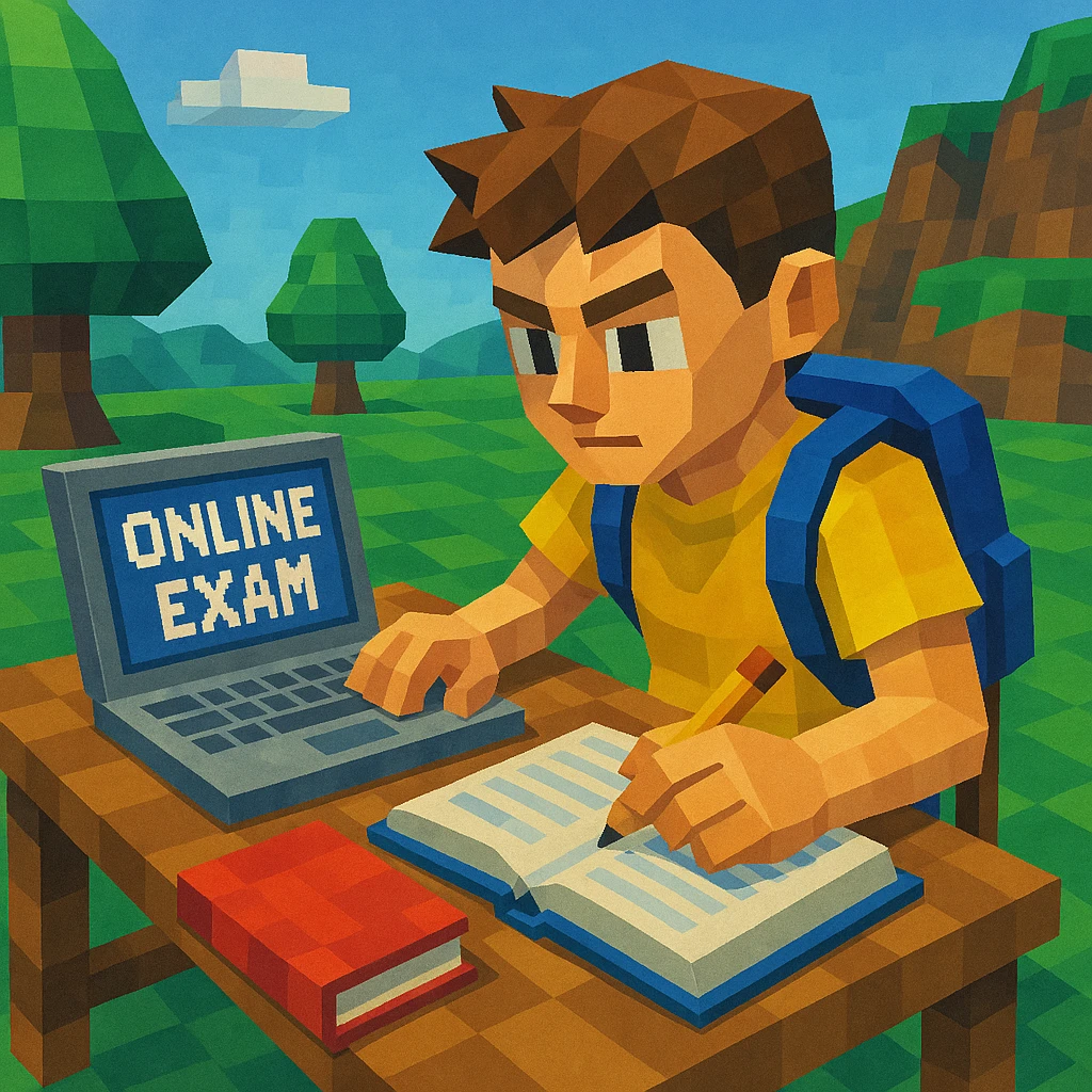 full-body student sitting at a table, working on a laptop, taking an online exam, focused expression, study materials on the table, high-resolution, detailed 3D style emoji