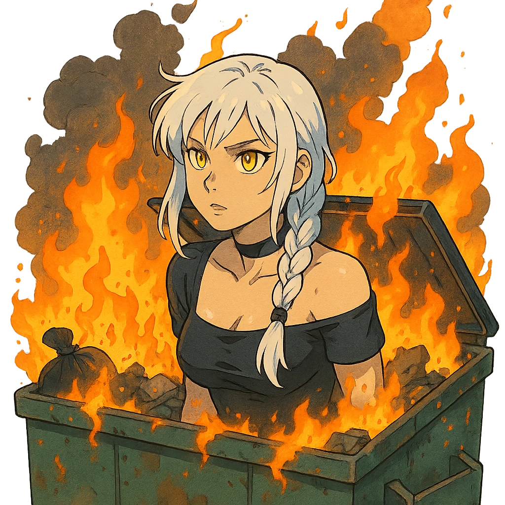she is poking out from a garbage dumpster, fire, garbage fire, everything is on fire, a closeup portrait of young woman with gold yellow eyes, white hair, long braid, black off-shoulder top d-cup, punk gothic style, futuristic cyberwave cyberpunk, emoji
