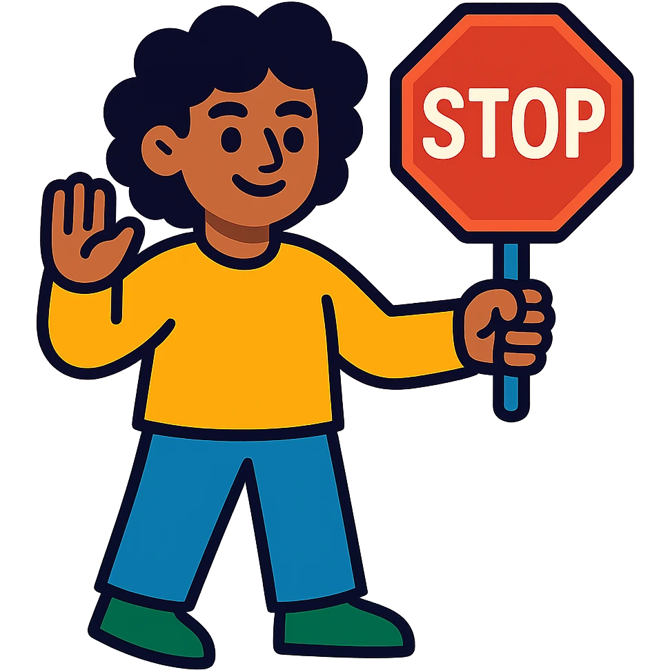 brunette person with curly hair holding a stop sign, vibrant toon style emoji