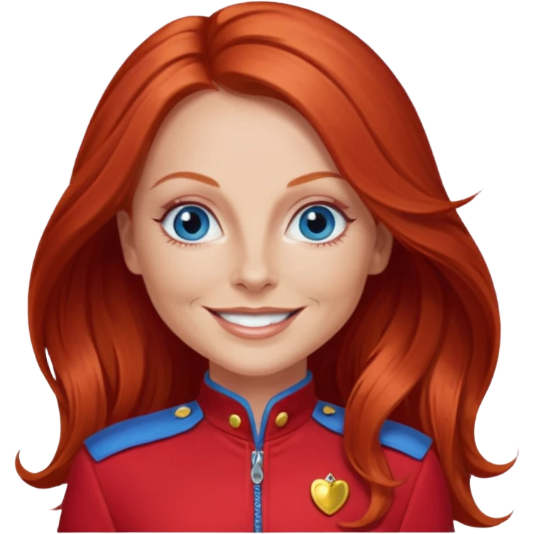 Geri Halliwel with long red hair, blue eyes, red outfit emoji