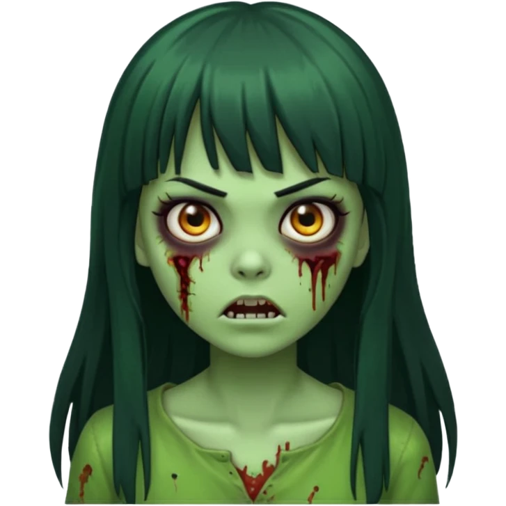 Faça uma menina de cabelo liso preto com franja zumbi cabelo longo 🧟‍♀️ faça ela assim faça ela verde com cara mais assustadora emoji