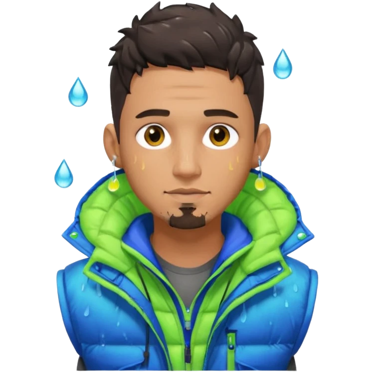 Cyberpunk street adult, hispanic, male, messy undercut, puffer vest over hoodie, glowing earpiece, light stubble, brown eyes, neon reflections, raindrops, dark background. emoji