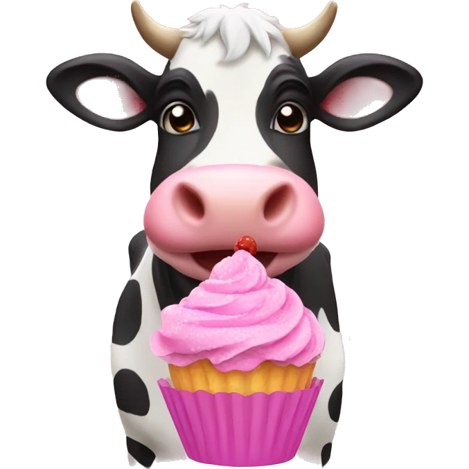 cow holding a pink frosted cupcake emoji