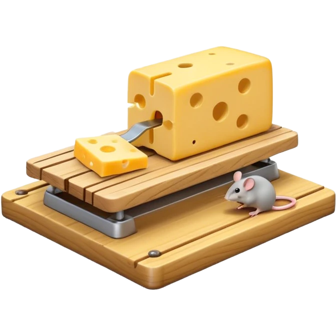 A 3D emoji in iOS emoji aesthetic style of a small mousetrap on a wooden base with a tiny gray mouse approaching a small piece of yellow cheese on it, minimal white background, bright lighting, clean and glossy Apple-style design emoji