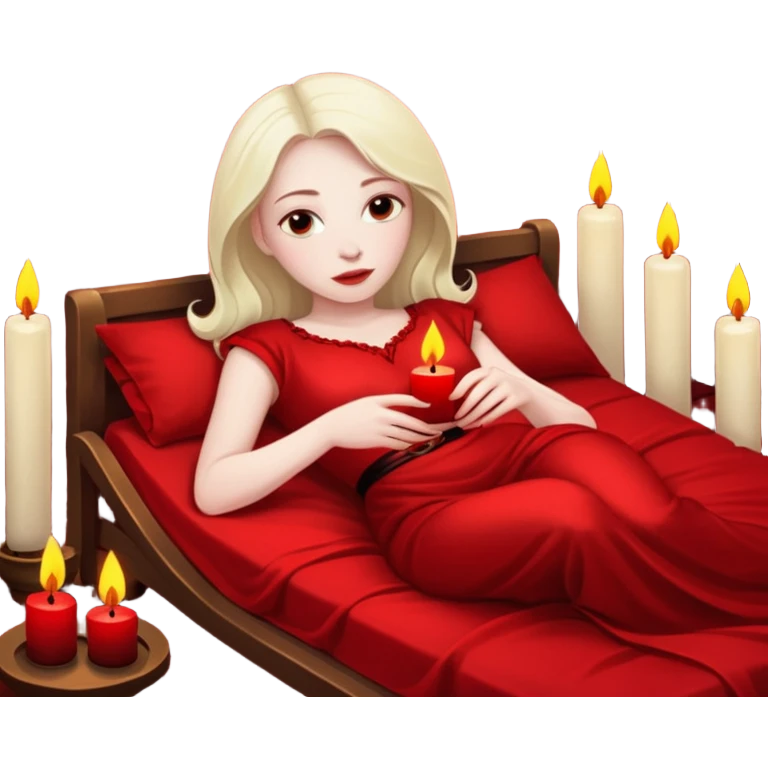 Low bed, red sheets, candles everywhere, woman reclining in shadowed control emoji