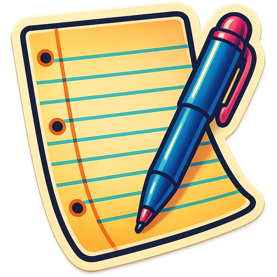 a fun and bold sticker of a single sheet of lined paper with a pen emoji