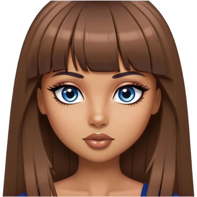 , tan skin, bangs long straight brown hair, dark blue eyes, black eyeliner, pretty bratz baddie emoji