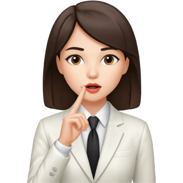brunette girl wearing a white suit, with straight hair, making a "be quiet" gesture emoji