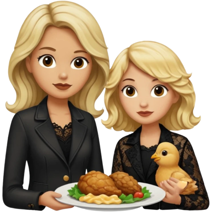 Love tan woman long wavy blonde hair and black lace  with short blonde man Brown shade jacket eating chick filet  emoji