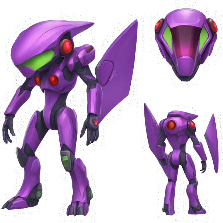 a shiny purple-green-red Genesect-Raptor-Fakémon—hybrid with a futuristic visor-helmet full body emoji