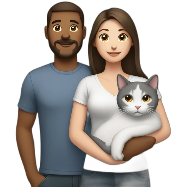 white brun man and brunette woman with a fat gray cat in their arms emoji