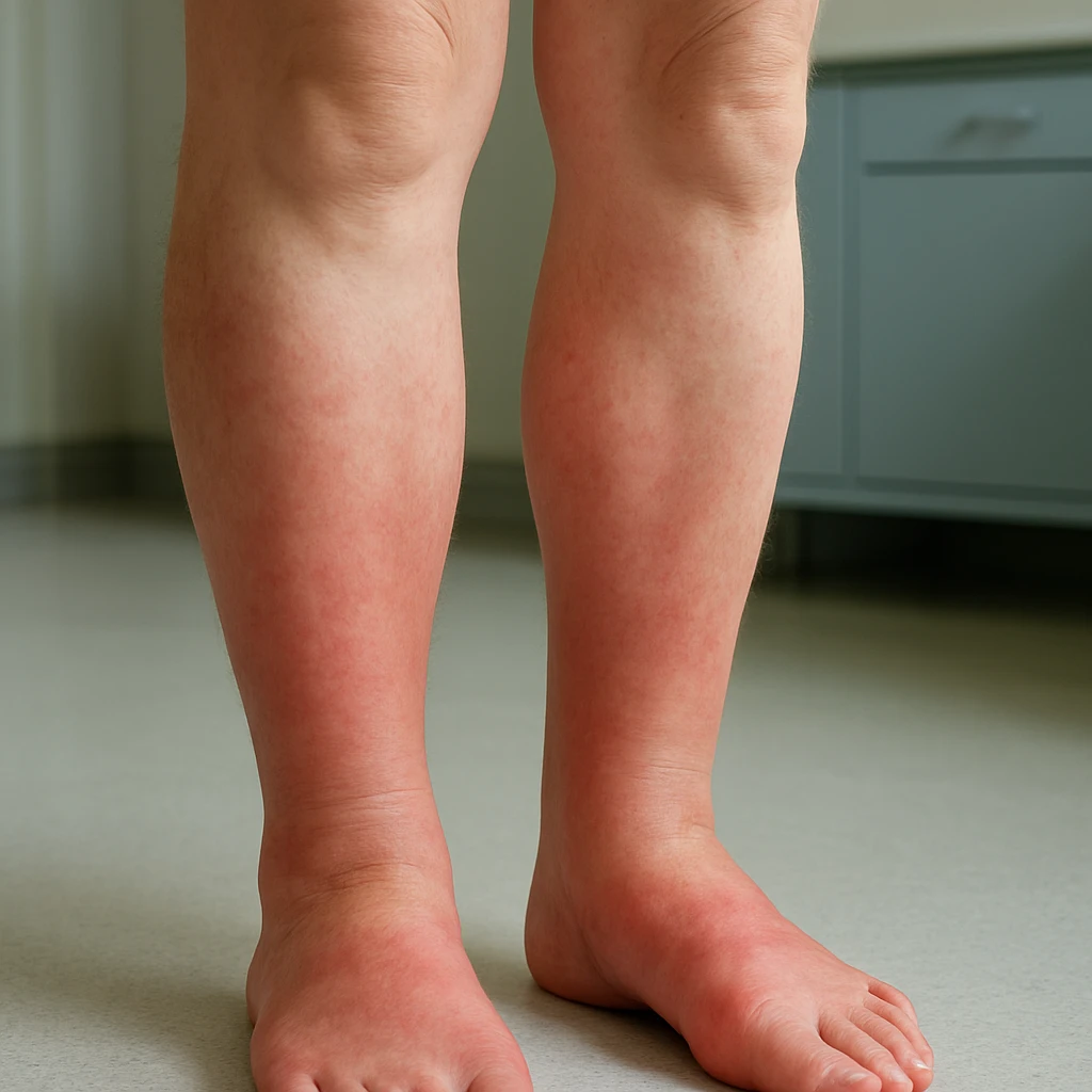 Hyperrealistic human legs in the phase of disinflamation, skin with redness and swelling decreasing, areas gradually transitioning from red to normal, clinical atmosphere, natural light, 4K details. Variant 1, slight improvement. emoji