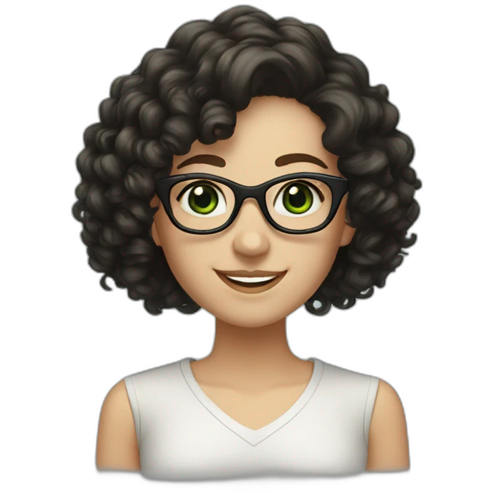 white girl with black long curly hair and green eyes smiling and big rectangle glasses emoji