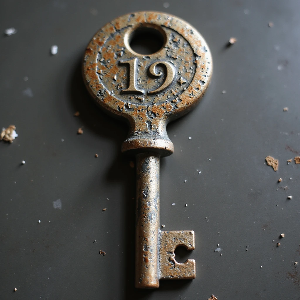 90s vintage key in grunge style, damaged metal, worn engravings, isolated on white background, hyperrealistic, 4K, variant 2 emoji