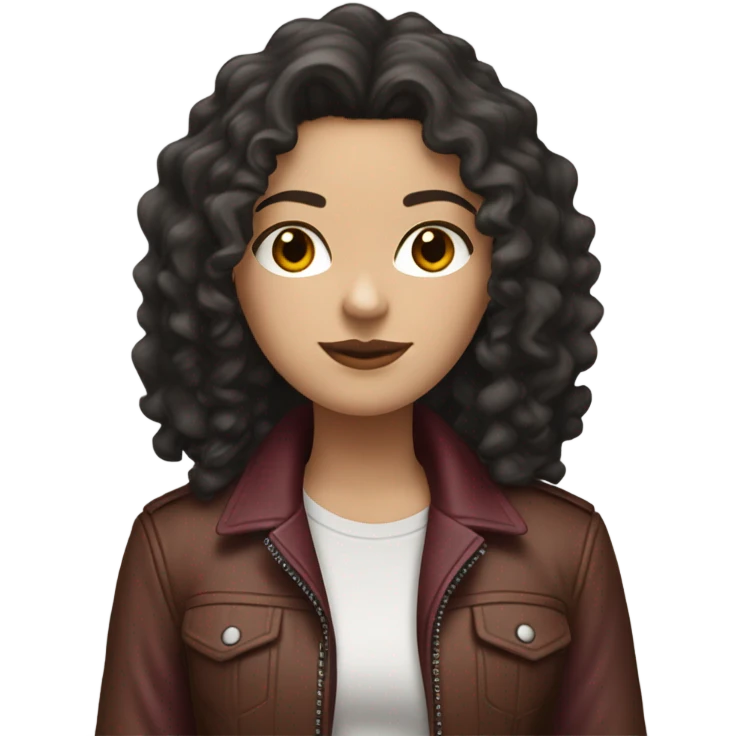 long black curly hair white girl wearing a brown tshirt and a light burgundy biker jacket emoji
