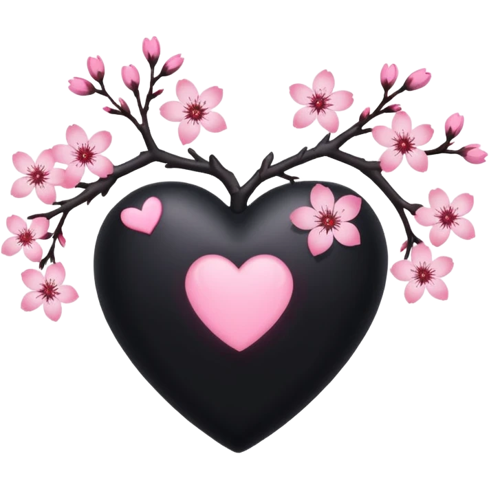 goth sakura heart, black heart with sakura branch and blossoms, pink highlights emoji