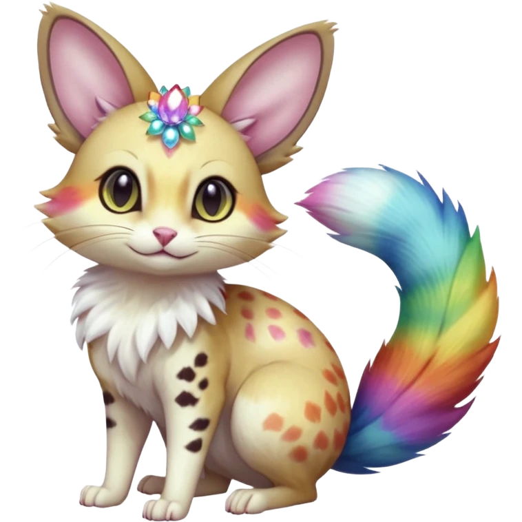 realistic  opal-bloom pearl-white fur blooming with rainbow firefly shimmer beautiful elegant pretty precious cute  Fakémon-Pokémon-opossum-feline-serval-caracal-chinchilla-Furret-Minccino-hybrid-creature with a big fluffy bushy tail (full body) emoji