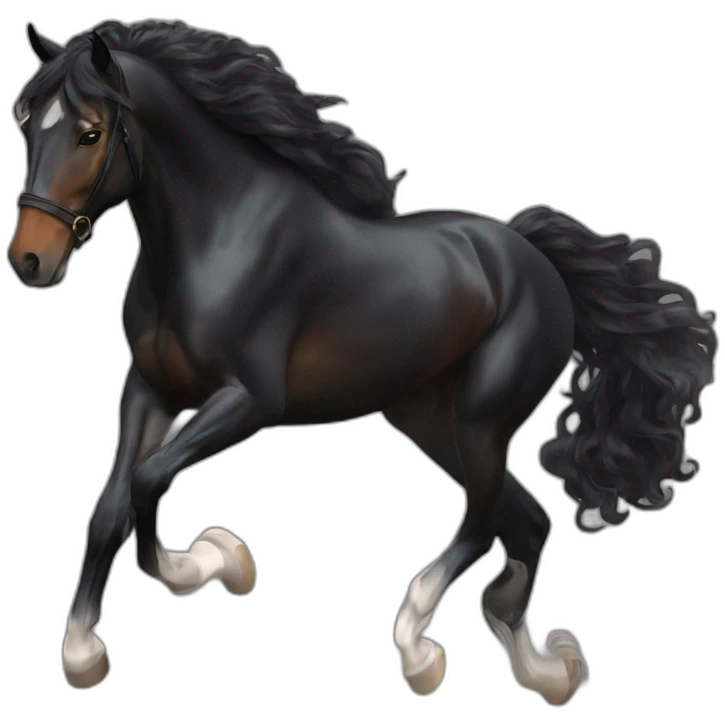 a  JET BLACK HORSE JUMPING AN OBTACLE, tHE HORSES RIDER IS A YOUNG FEMALE WITH LONG CURLY BRUNNET HAIR OF A REDDISH HUE emoji