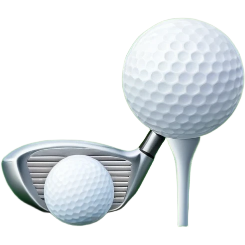 A golf ball on a tee, with a golf club placed beside it on the lush green fairway. The background shows a serene golf course with neatly trimmed grass and a clear blue sky, emphasizing the elegance and precision of the game. emoji