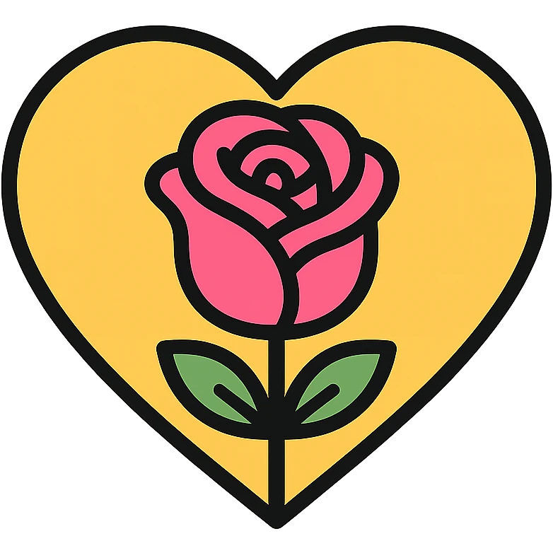 pink rose inside a heart outline, soft and charming, icon style emoji