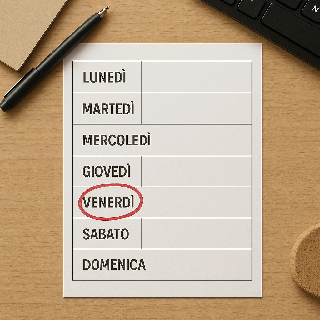 weekly calendar sheet in Italian, days from Monday to Sunday, Friday circled in red, top view, realistic style, 4K details, desk environment emoji