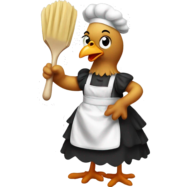 Chicken wearing a maid outfit while holding a duster emoji