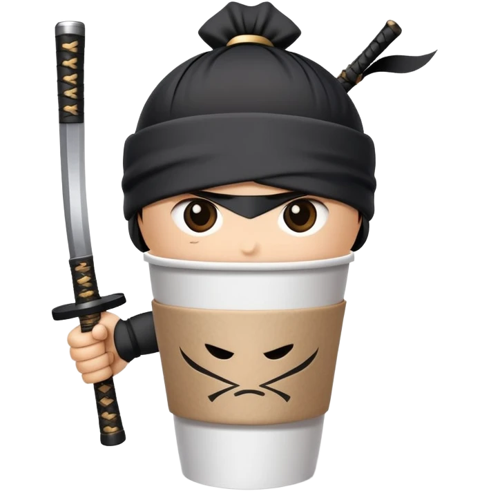 A paper coffee cup with arms and eyes, wearing a black ninja headband and wielding a samurai katana emoji