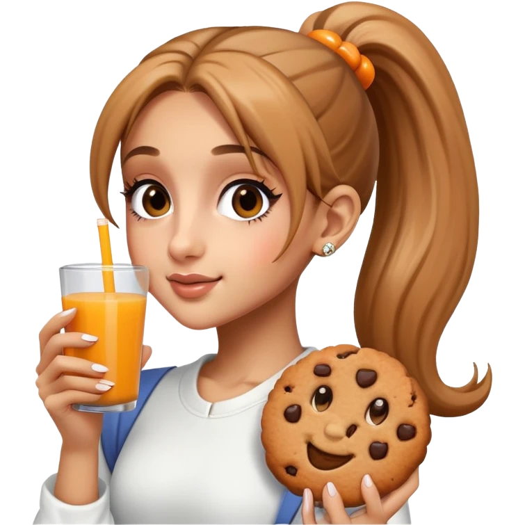 Ariana grande with long high ponytail holding cookie and orange juice  emoji