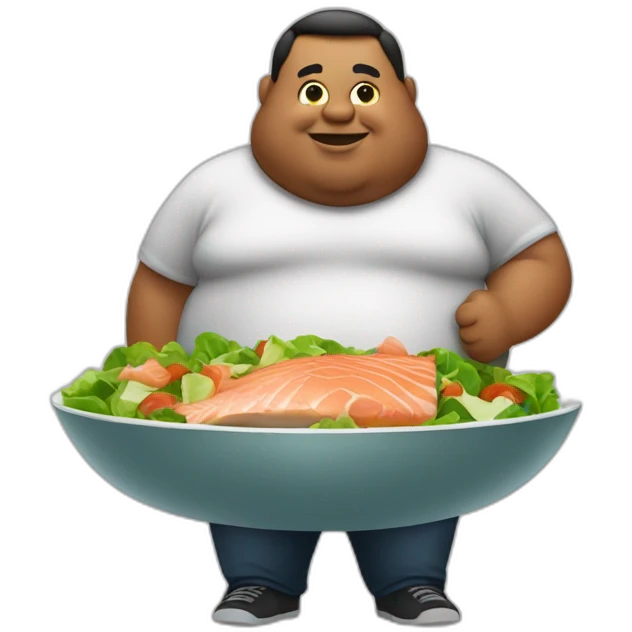 a fat man that eats a salad made of chicken and salmon emoji