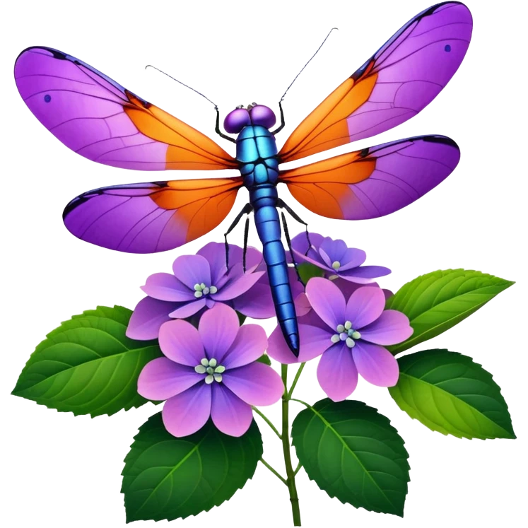 3D Realistic Still life, vivid, bold, purple detailed Hydrangea macrophylla, green leaves, ultra detailed orange and purple wings, dragonfly resting  emoji