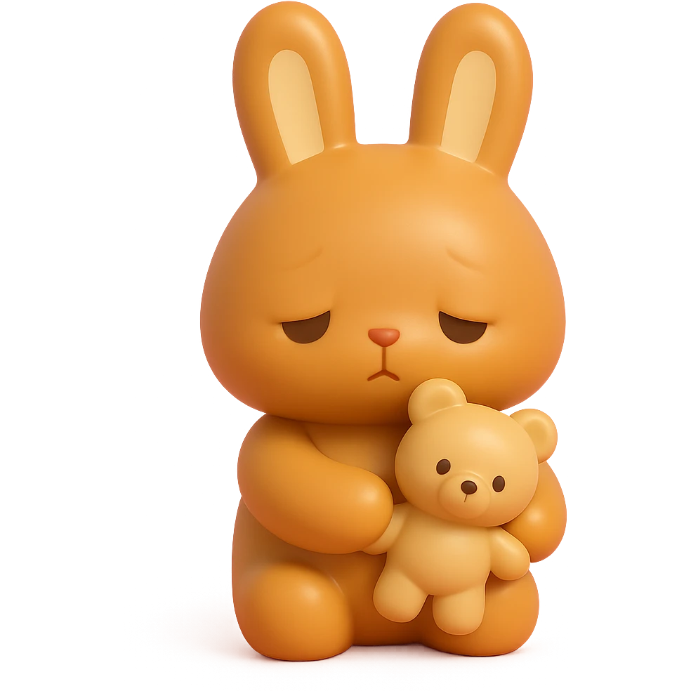 caramel bunny holding teddy bear, eyes drooping, vinyl figure style emoji
