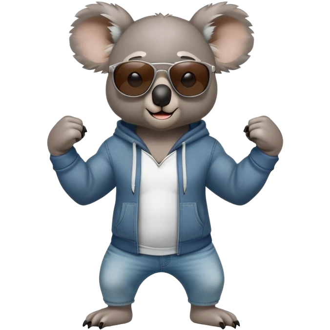 anthropomorphised koala, full body, wearing a hoodie and jeans, dark sunglasses, flexing muscles in a different pose emoji