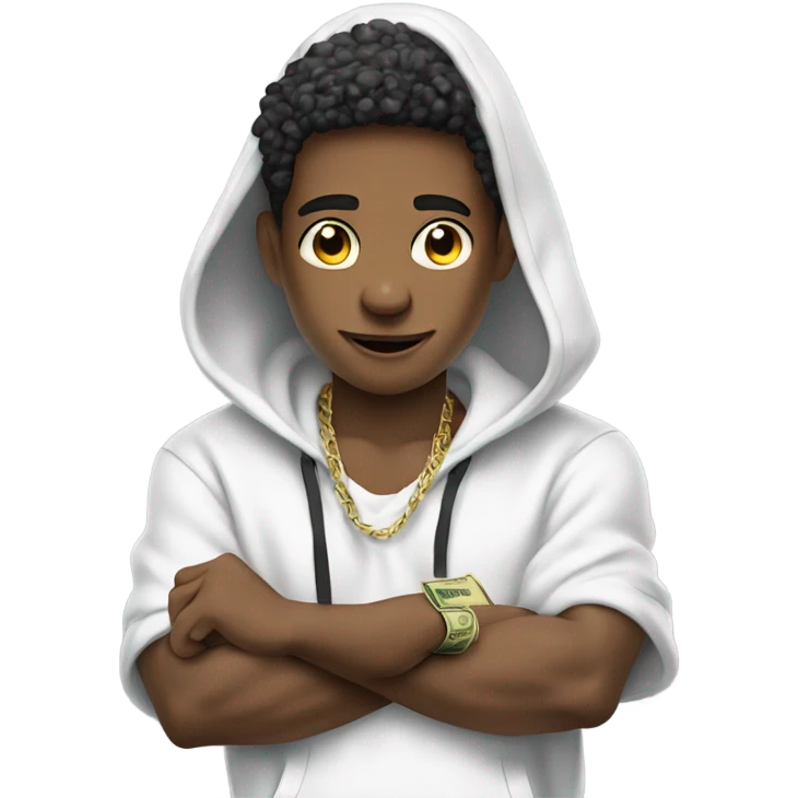 cool boy in white hoodie holding stack on money to ear emoji
