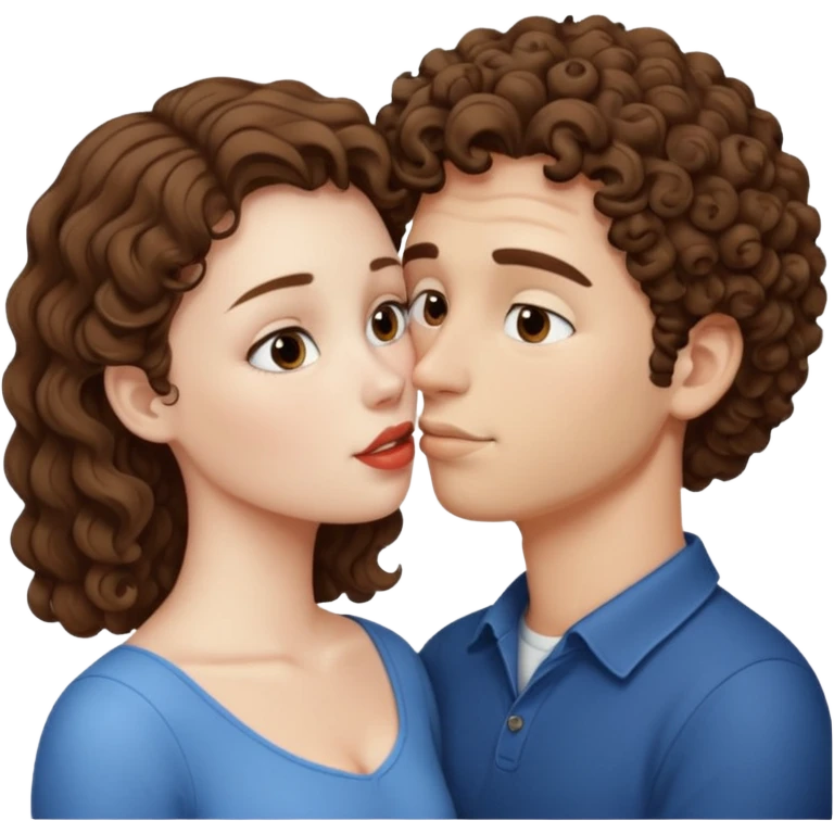 A couple kissing, the man would be white-skinned, short-curly, brown-haired. The serious woman with white skin, long hair and brown color emoji