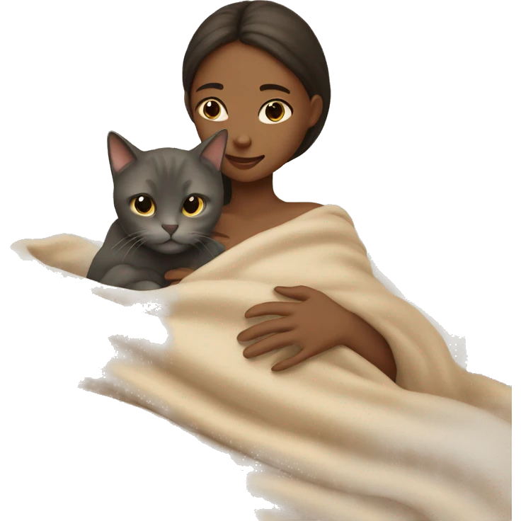 girl petting cat in beige blanket emoji