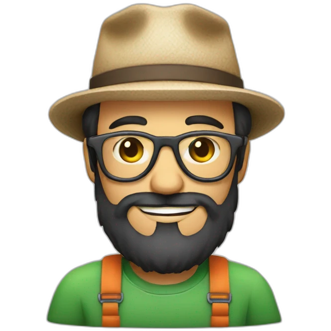 happy gardener face long dark beard and short dark hair with little round glasses and a hat emoji