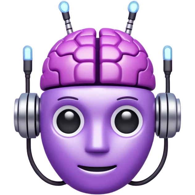 3D emoji icon of a purple circuit-patterned brain, small robot head with antennas on top, glowing binary ring, clean white background, minimalist tech style." emoji