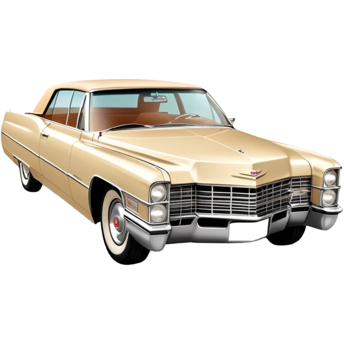 Beige 1966 Cadillac DeVille, 30-degree three-quarter view showing front and side, accurate vintage luxury car proportions, detailed front grille and headlights, from Once Upon a Hollywood movie, iOS emoji style emoji