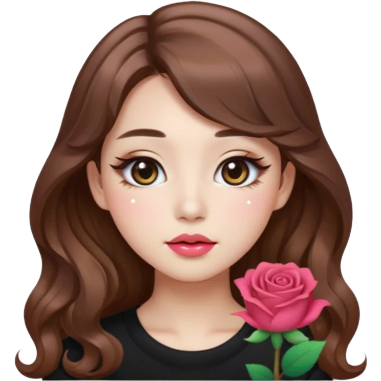 “korean brown hair Emoji girl, soft eyeliner, gradient rose lips, light brown shimmer eyeshadow, sparkly aegyo-sal, long wavy hair,  emoji