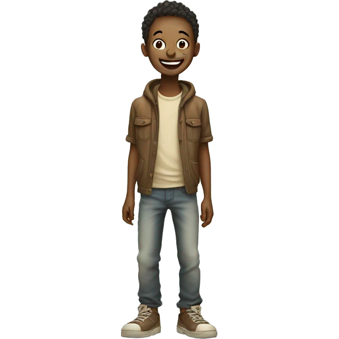 A skinny boy stands in old clothes and laughs emoji