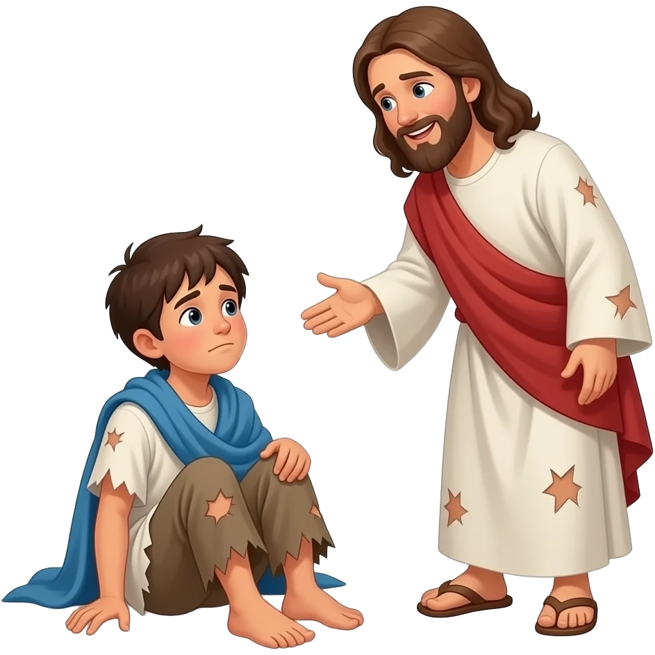 A full bodied sick boy Who is poor sitting on the ground unable to walk and dress in tattered biblical clothing and Jesus stops to talk to him With a smile on his face emoji